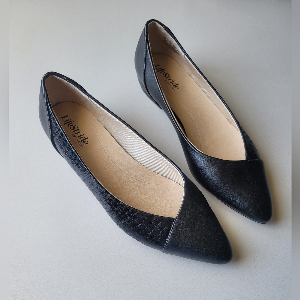 Life Stride Promise Black Snake Point Toe Flats